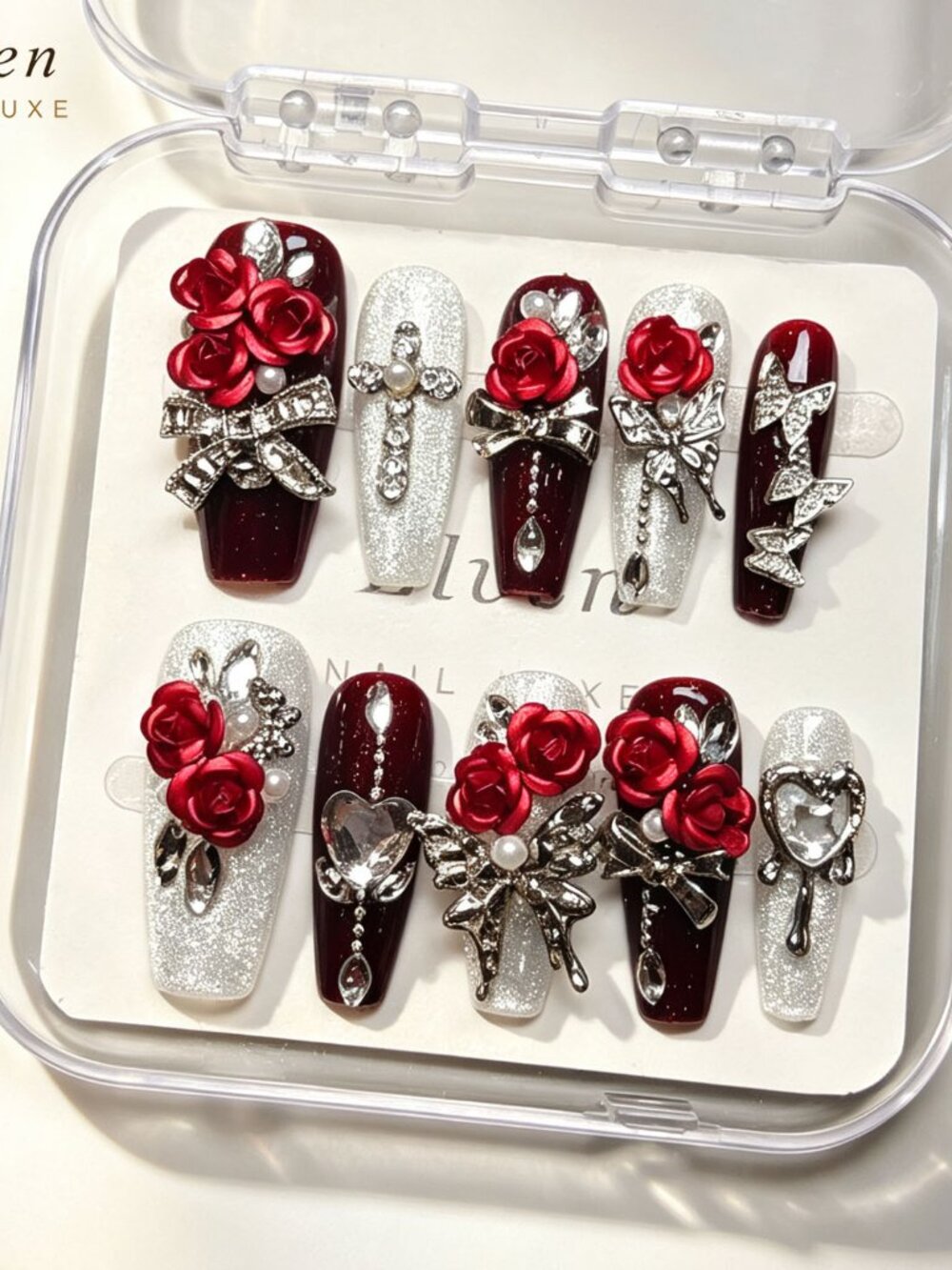 Stunning y2k long coffin press on nails with 3D red roses & silver charm